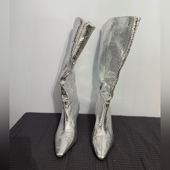 Shoes - Metallic Silver Snake-Embossed Knee-High Boots Women’s 8